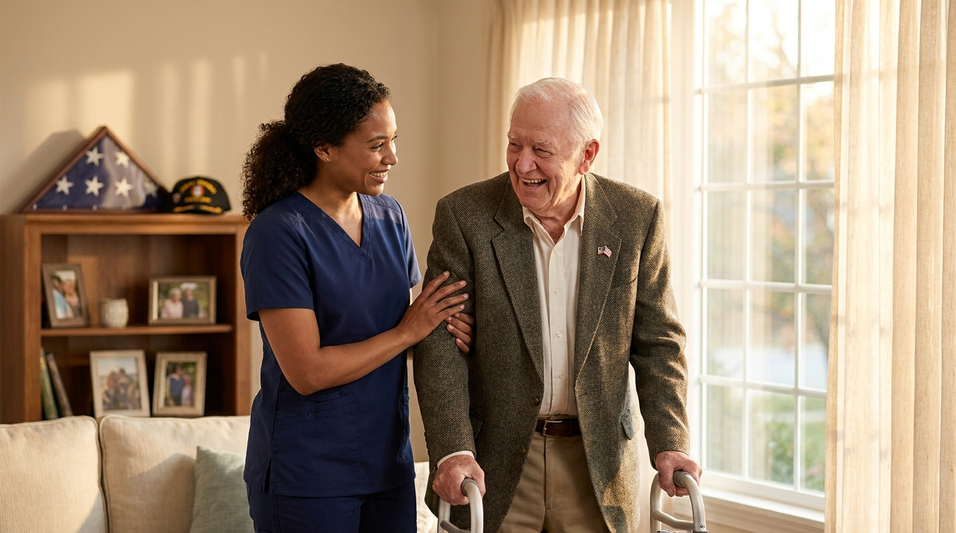 Premium Care CNA caregiver assisting an elderly military veteran at home