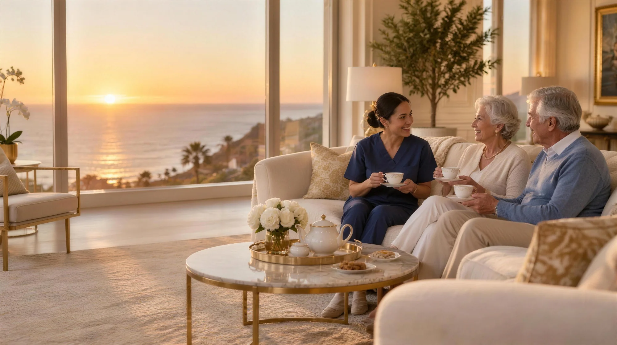 Certified nursing assistant sharing tea with an older couple in an ocean-view living room at sunset