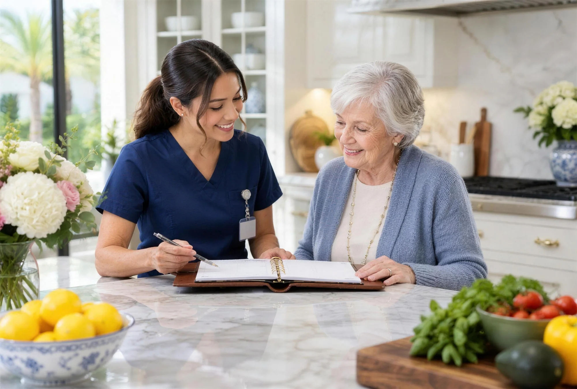 Certified nursing assistant and an older woman reviewing a leather weekly planner at a marble kitchen island