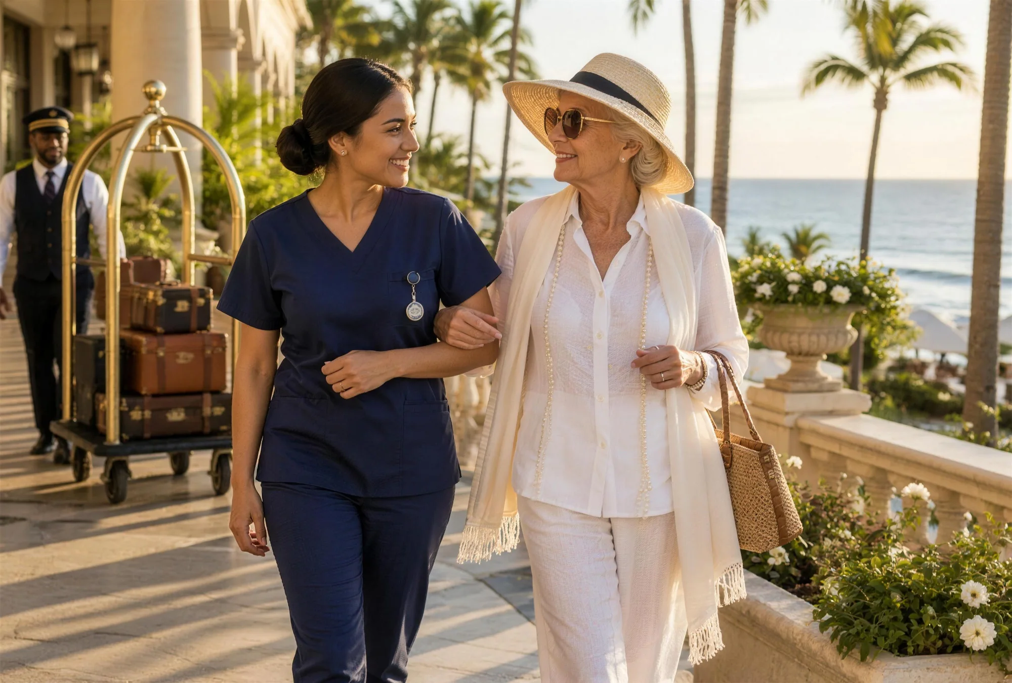 Certified nursing assistant walking arm in arm with an older woman along a seaside resort terrace