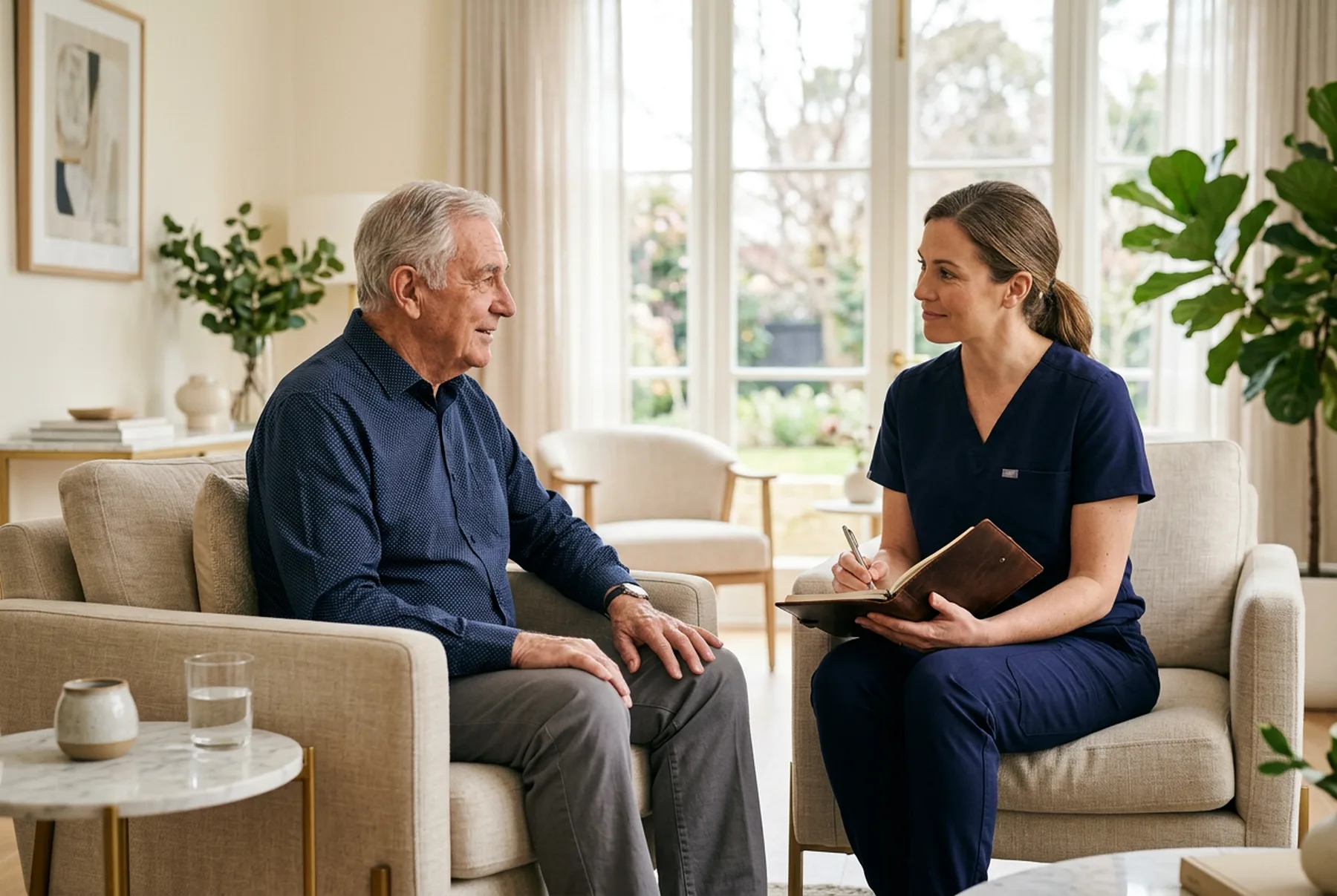 A Premium Care CNA takes notes beside an elderly gentleman in a physician waiting room