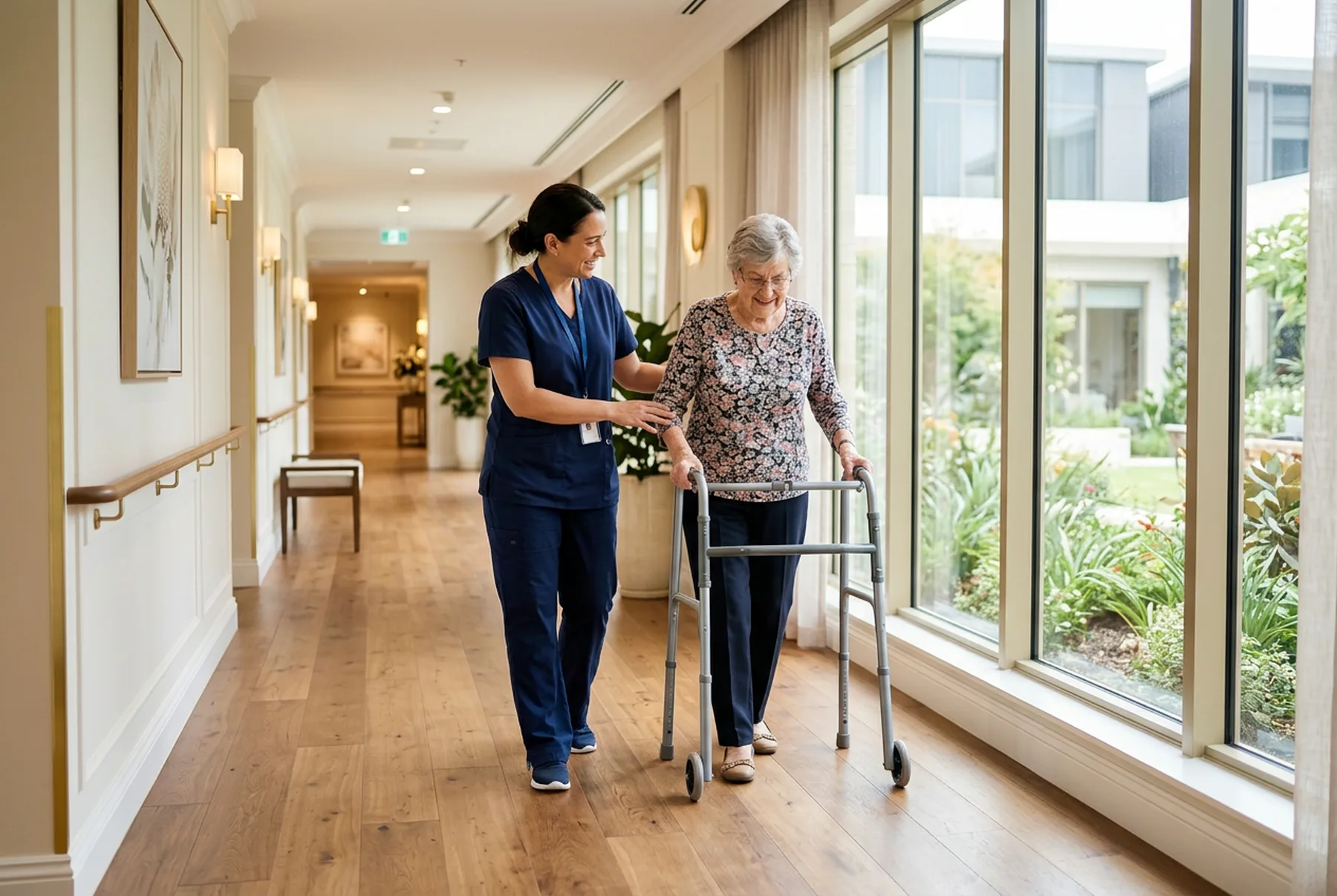 A Premium Care CNA walks beside an elderly woman using a walker in a rehabilitation center hallway