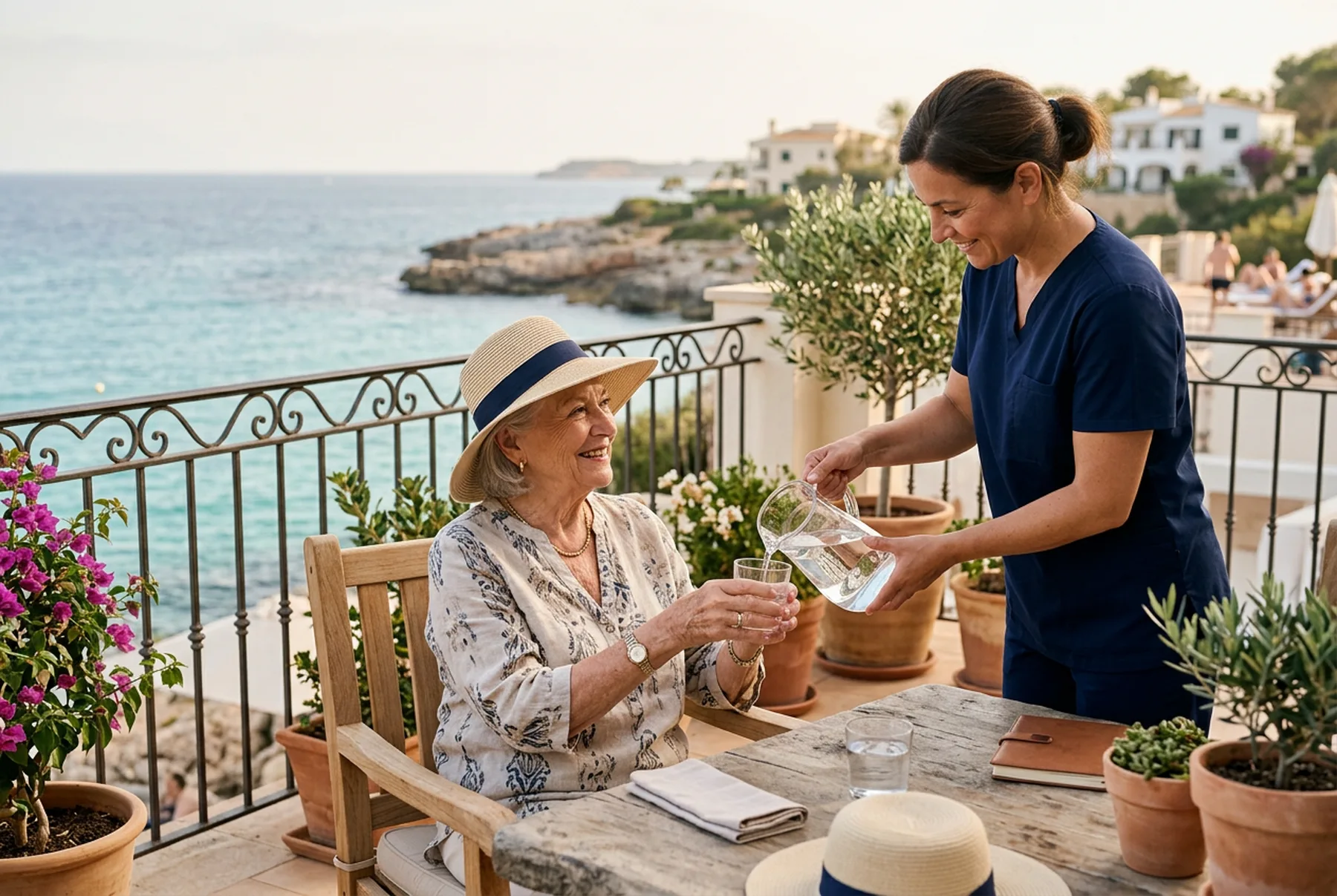 A Premium Care CNA pours water for an elderly woman on an oceanfront resort terrace