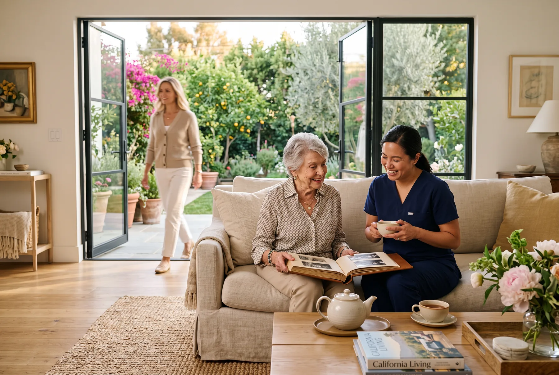 A caregiver in navy scrubs shares tea and a photo album with an elderly woman in a bright living room as her daughter quietly steps out for a break