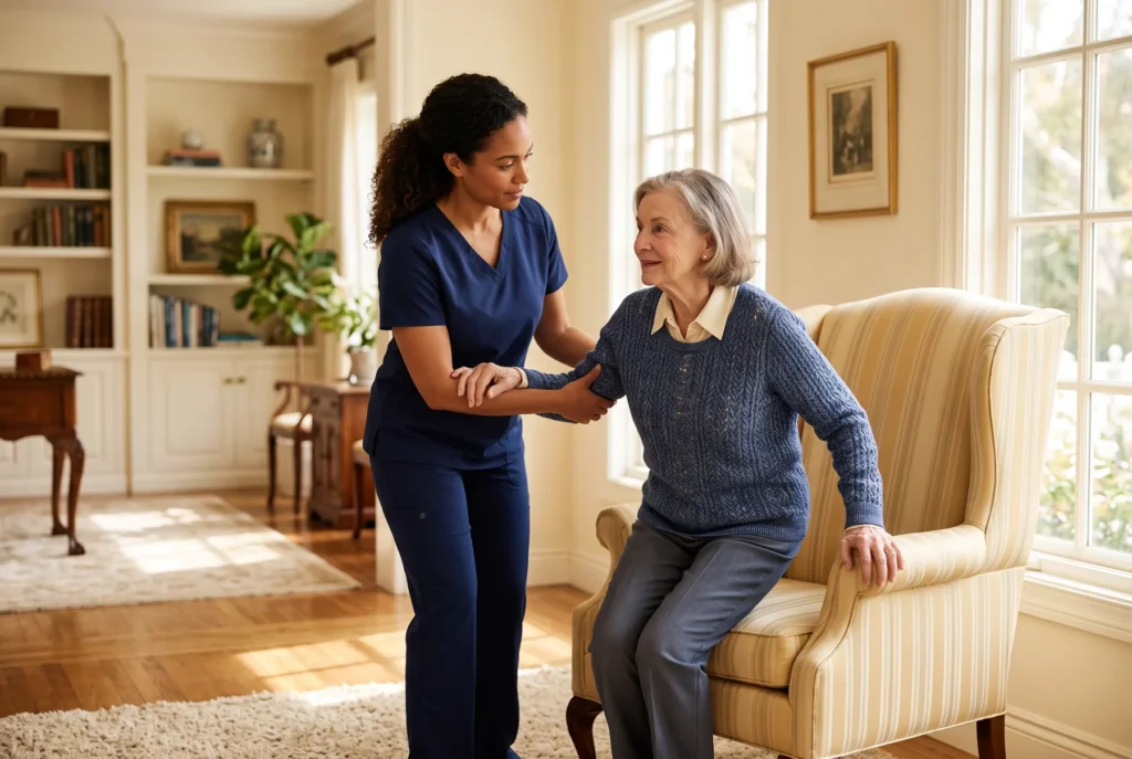 A caregiver in navy scrubs steadies an elderly woman as she rises from an armchair in an elegant sitting room.