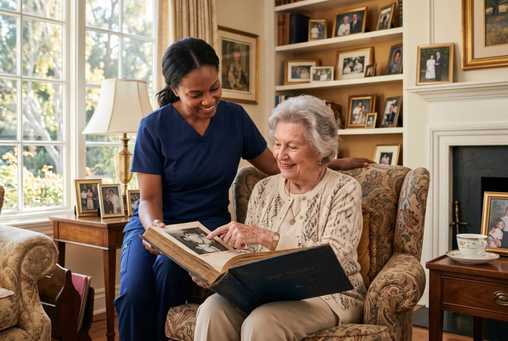 A caregiver in navy scrubs shares a family photo album with an older woman seated by a sunlit window.