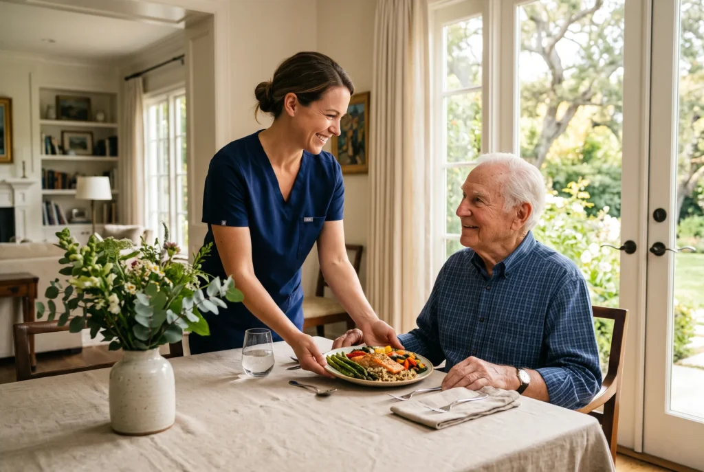 A caregiver in navy scrubs serves a balanced meal to an older man at a dining table in a light-filled home.