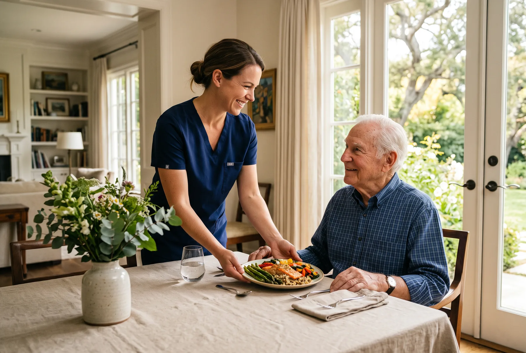 A caregiver in navy scrubs serves a balanced meal to an older man at a dining table in a light-filled home.