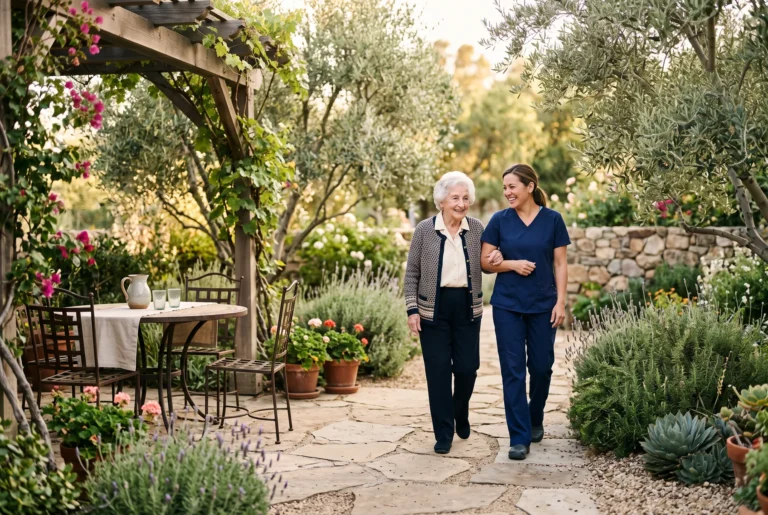 A caregiver in navy scrubs walks arm in arm with an elderly woman on a sunlit garden patio.