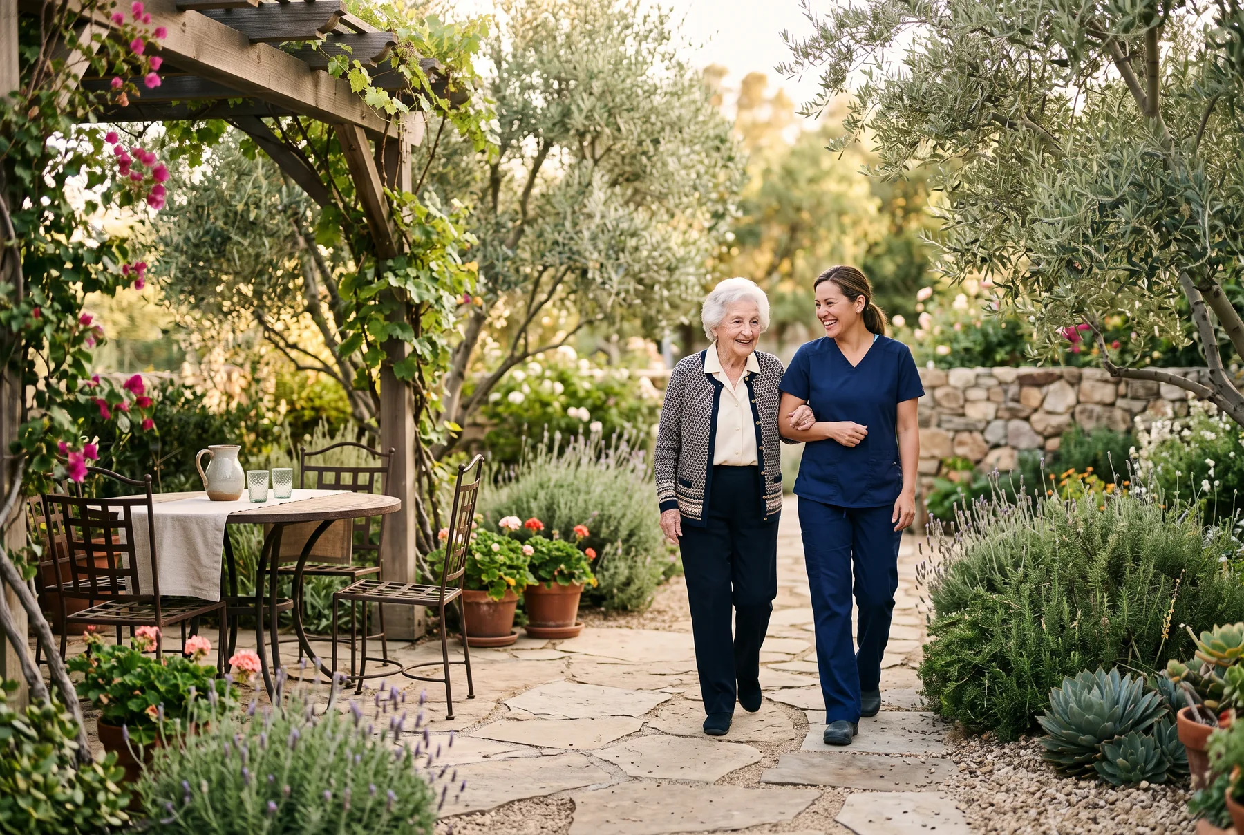 A caregiver in navy scrubs walks arm in arm with an elderly woman on a sunlit garden patio.
