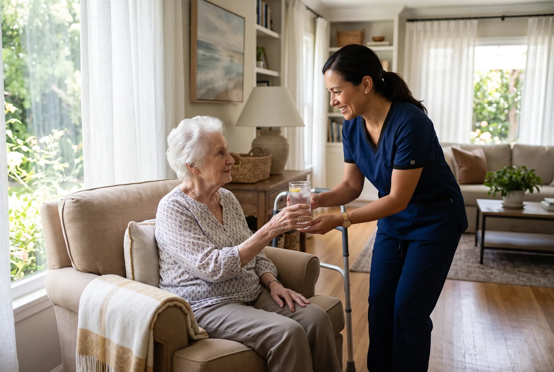 A caregiver in navy scrubs hands a glass of iced water to an elderly woman resting in a cool, shaded living room on a bright summer day