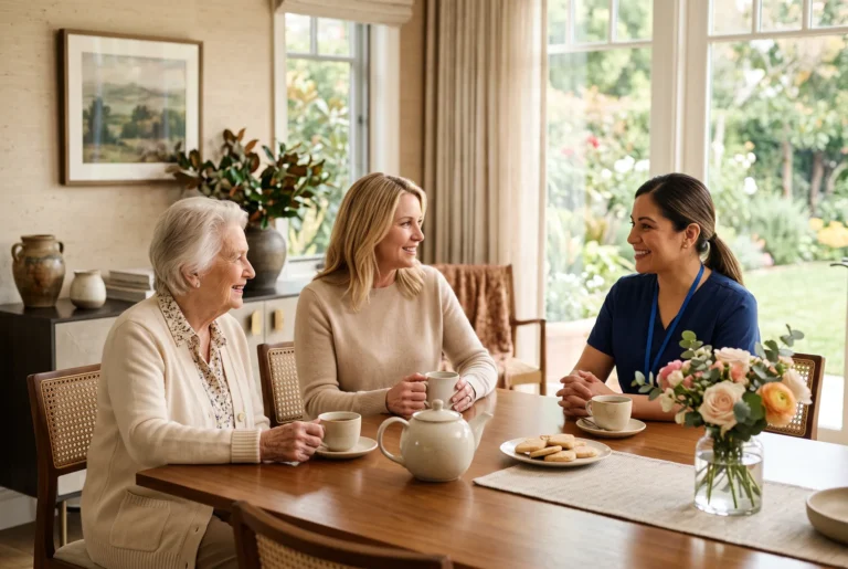 An adult daughter and her elderly mother meet a caregiver in navy scrubs over tea in a bright dining room.