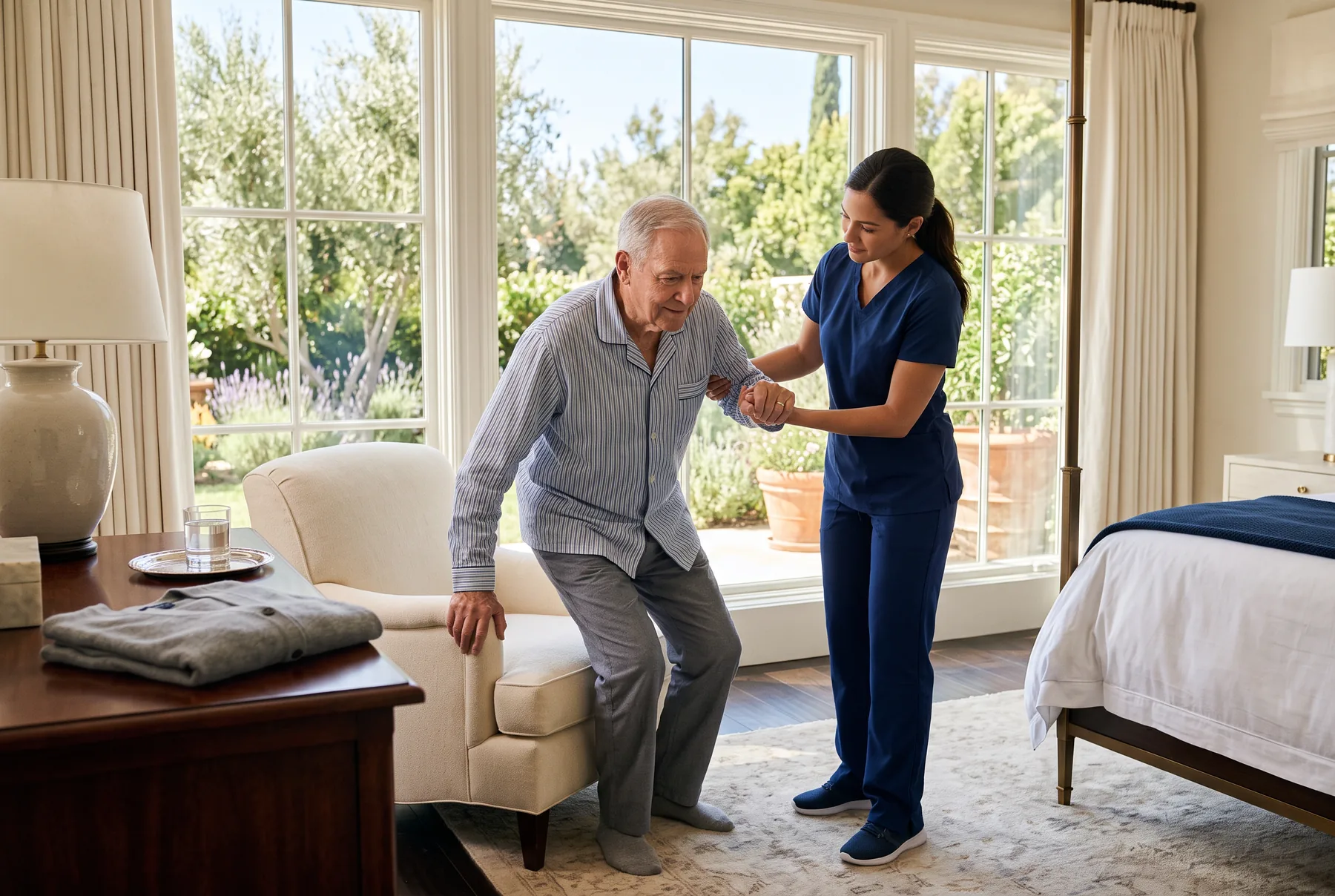 A caregiver in navy scrubs steadies an elderly man as he rises from an armchair in a bright bedroom after returning home from the hospital
