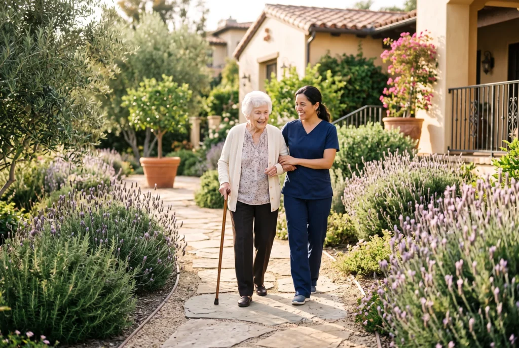 A caregiver in navy scrubs walks arm in arm with an elderly woman along a lavender-lined garden path at home