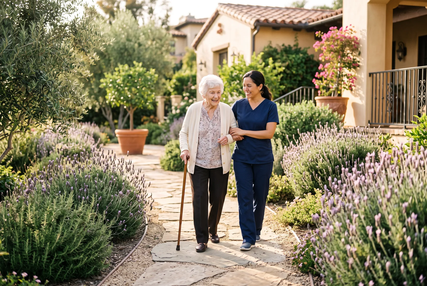 A caregiver in navy scrubs walks arm in arm with an elderly woman along a lavender-lined garden path at home