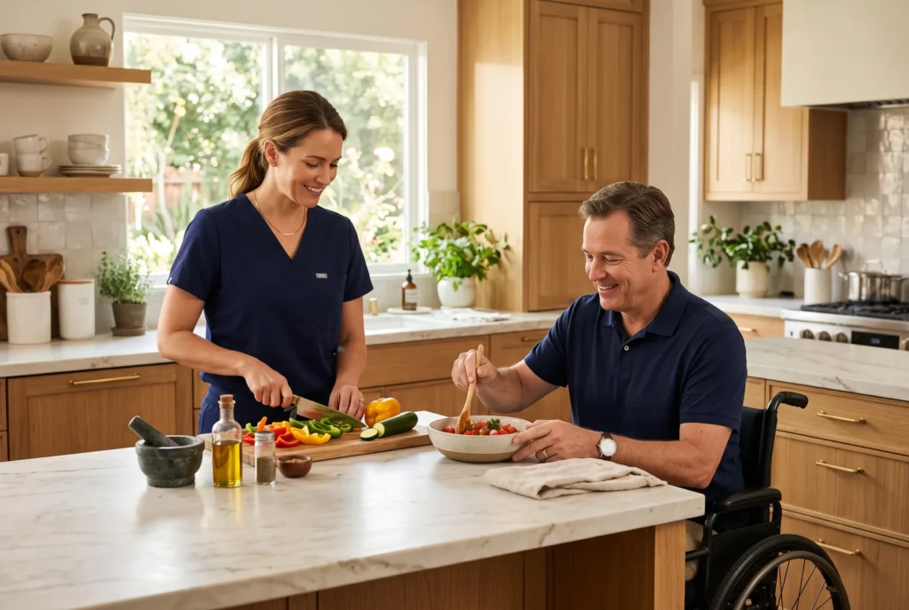 A caregiver in navy scrubs and a man in a wheelchair prepare a meal together at a kitchen island in a refined home.