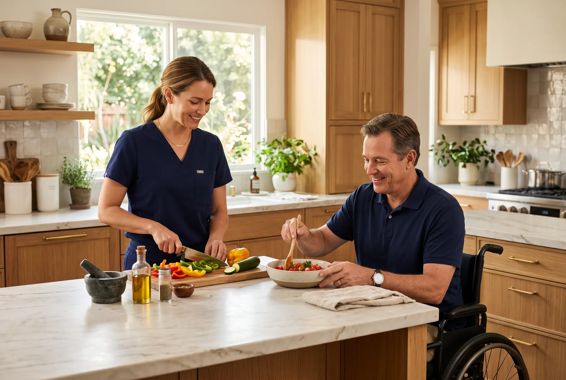 A caregiver in navy scrubs and a man in a wheelchair prepare a meal together at a kitchen island in a refined home.