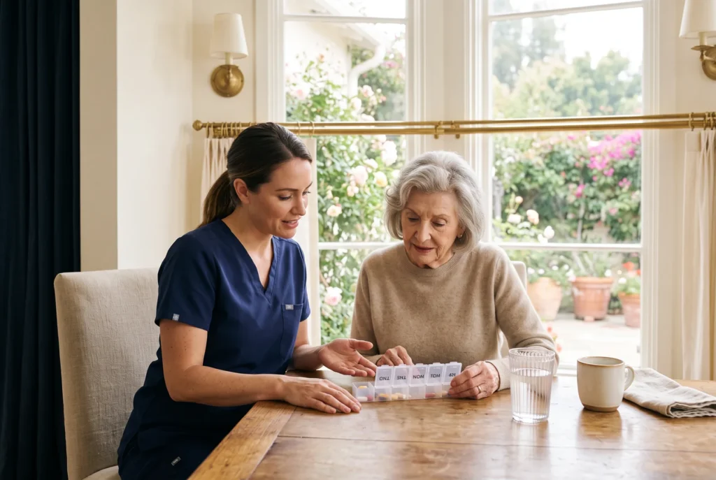 A caregiver in navy scrubs sits beside an older woman reviewing her weekly pill organizer at a sunlit kitchen table.