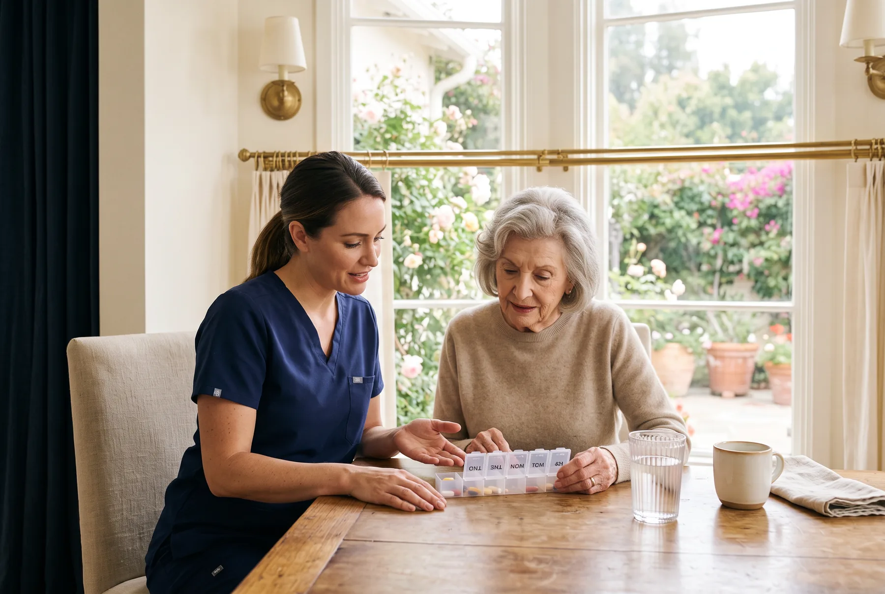 A caregiver in navy scrubs sits beside an older woman reviewing her weekly pill organizer at a sunlit kitchen table.