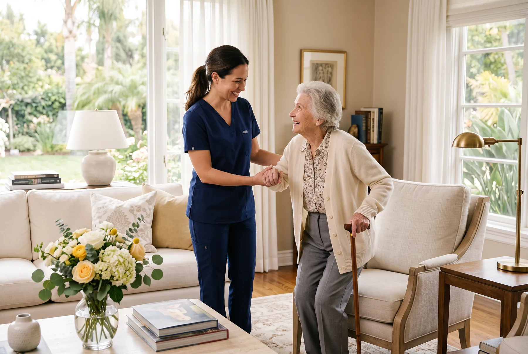 A caregiver in navy scrubs gently helps an older woman rise from an armchair in a bright, elegant living room.