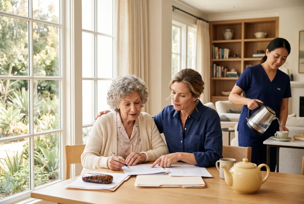 An adult daughter and her elderly mother review paperwork at a sunlit dining table while a caregiver in navy scrubs serves tea