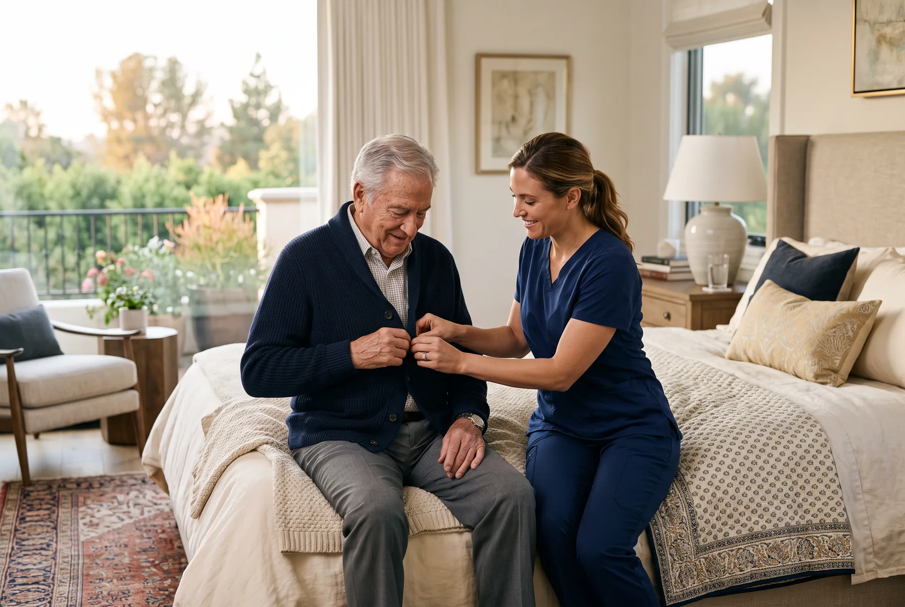 A caregiver in navy scrubs helps an elderly man button his cardigan in a softly lit, elegant bedroom