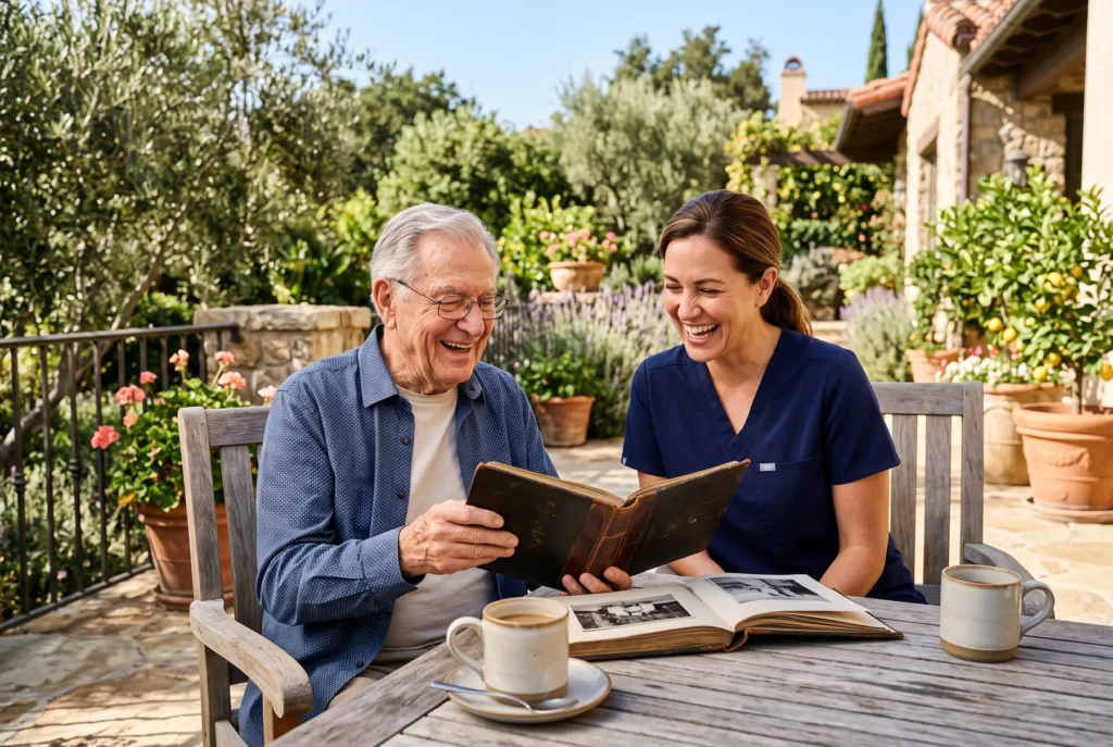 A caregiver in navy scrubs and an elderly man share a laugh over a photo album on a sunlit garden terrace