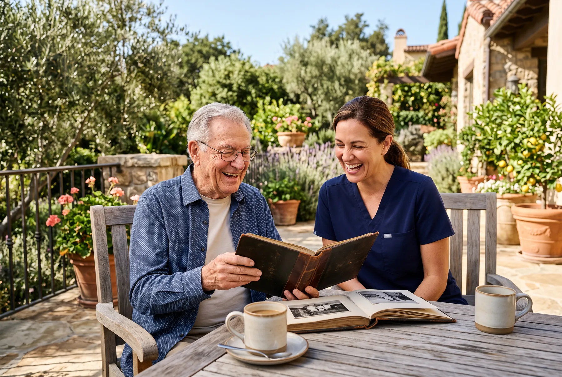 A caregiver in navy scrubs and an elderly man share a laugh over a photo album on a sunlit garden terrace