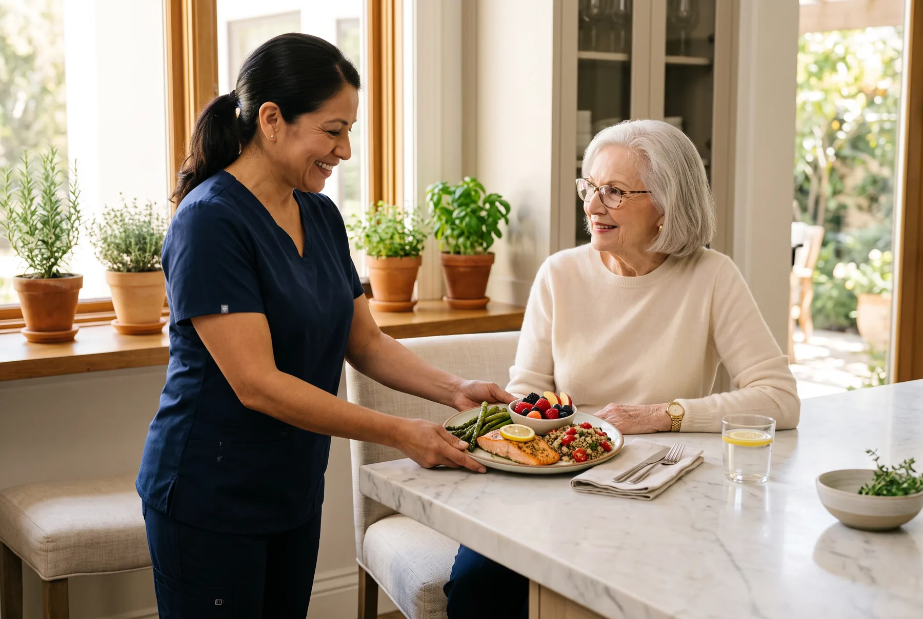 A caregiver in navy scrubs serves a balanced lunch of salmon, vegetables and fruit to an elderly woman at a bright kitchen island