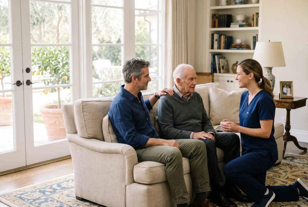 An adult son sits with his elderly father in a sunlit living room as a caregiver in navy scrubs kneels beside them