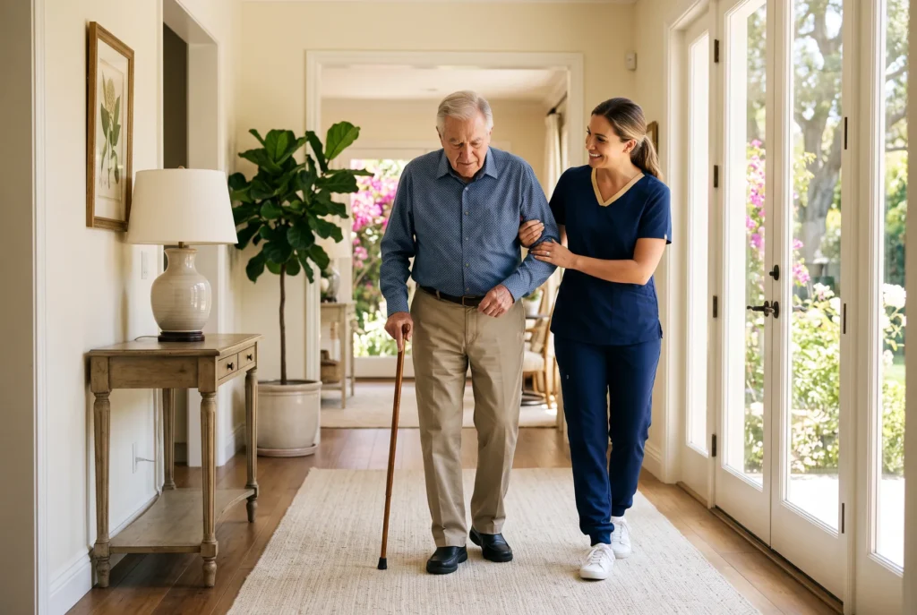 A caregiver in navy scrubs steadies an older man walking with a cane through a sunlit hallway of a refined home.