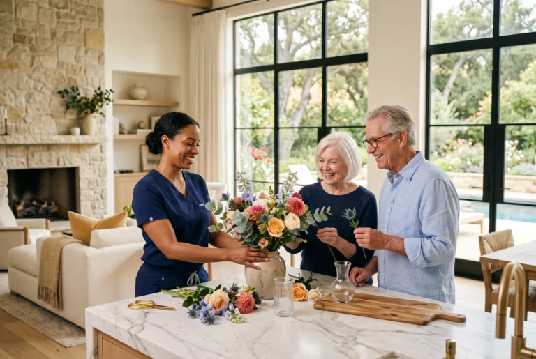 A caregiver in navy scrubs arranges fresh flowers with a smiling elderly couple at a kitchen island in a bright, elegant home