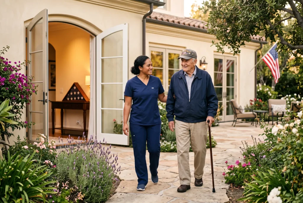 A caregiver in navy scrubs walks beside an elderly veteran with a cane along a sunlit garden path at home