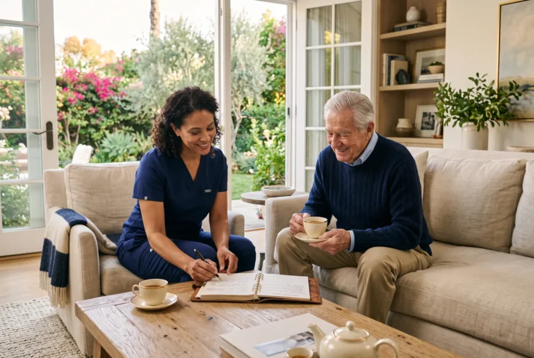 A caregiver in navy scrubs sits with an elderly man in a sunlit living room, reviewing a care journal together.