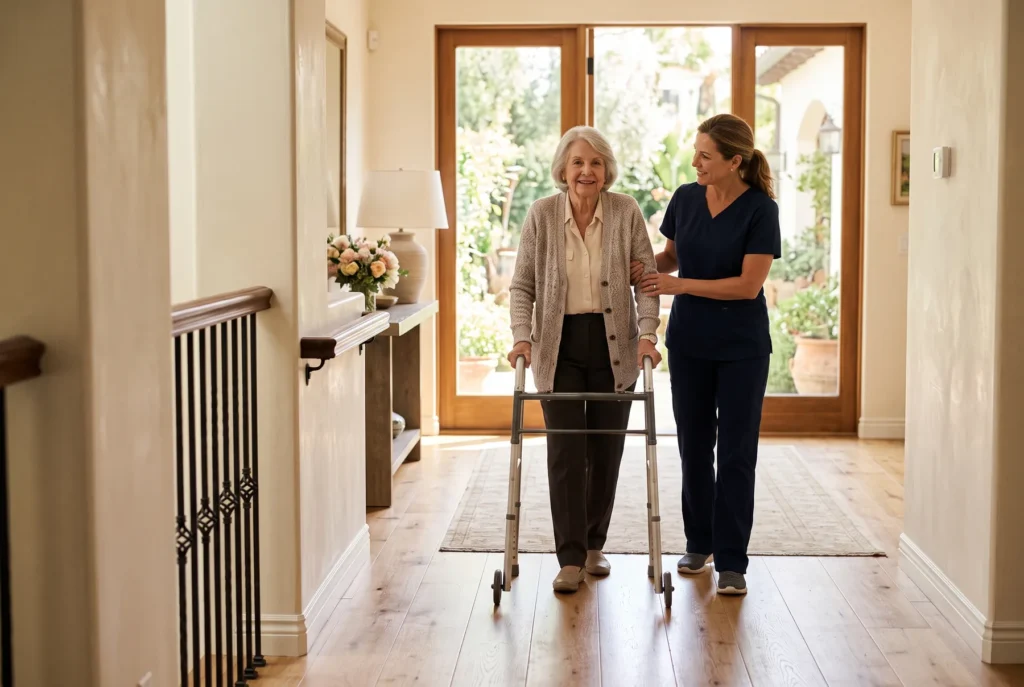 A caregiver in navy scrubs steadies an elderly woman using a walker in a sunlit hallway with a handrail.