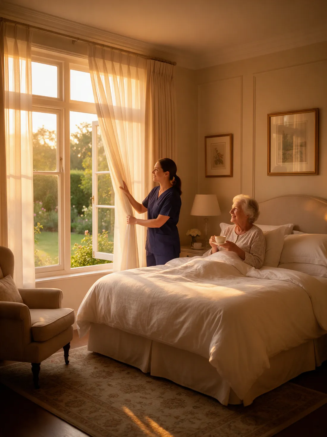 CNA opening curtains at sunrise for an elderly woman