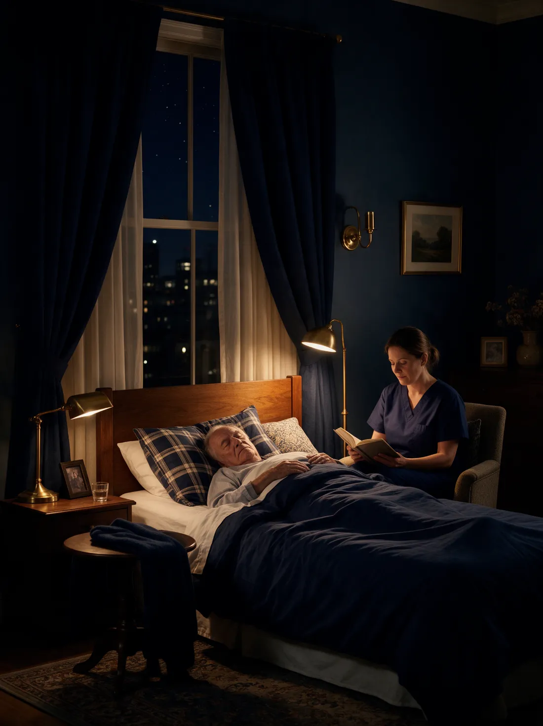 CNA keeping quiet watch overnight beside a sleeping senior