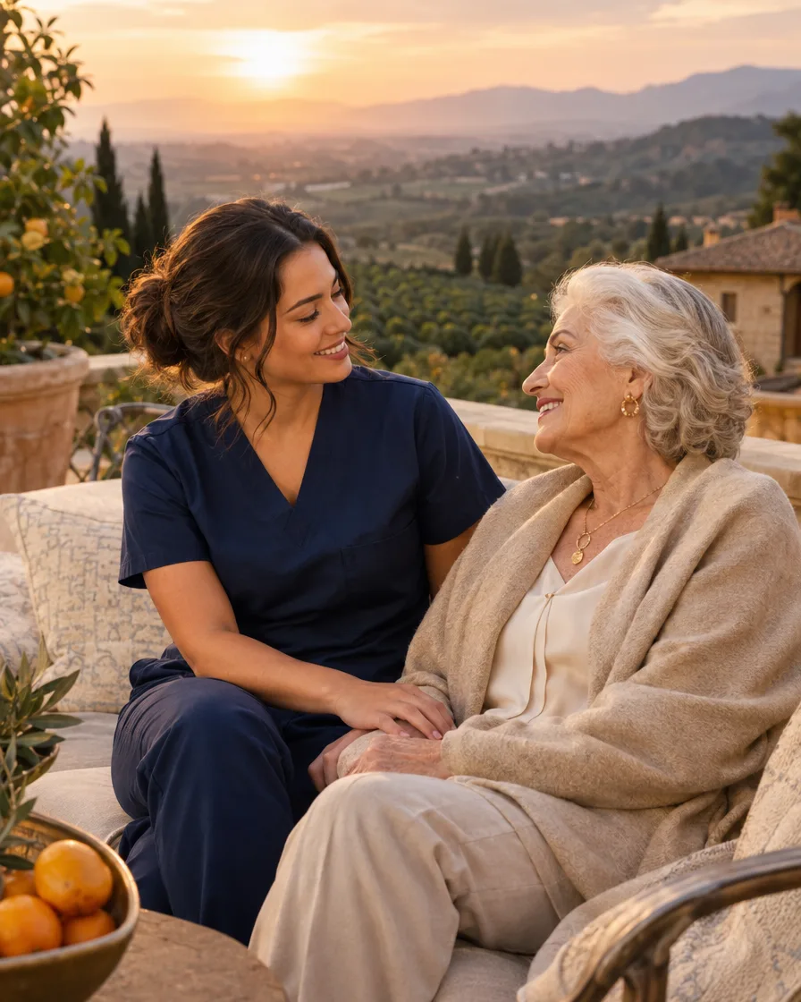 Caregiver and elderly woman on a hillside terrace overlooking citrus groves
