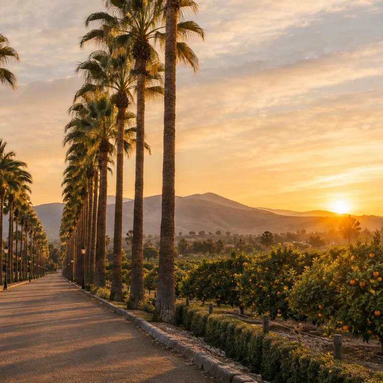Palm-lined avenue beside citrus groves at sunset