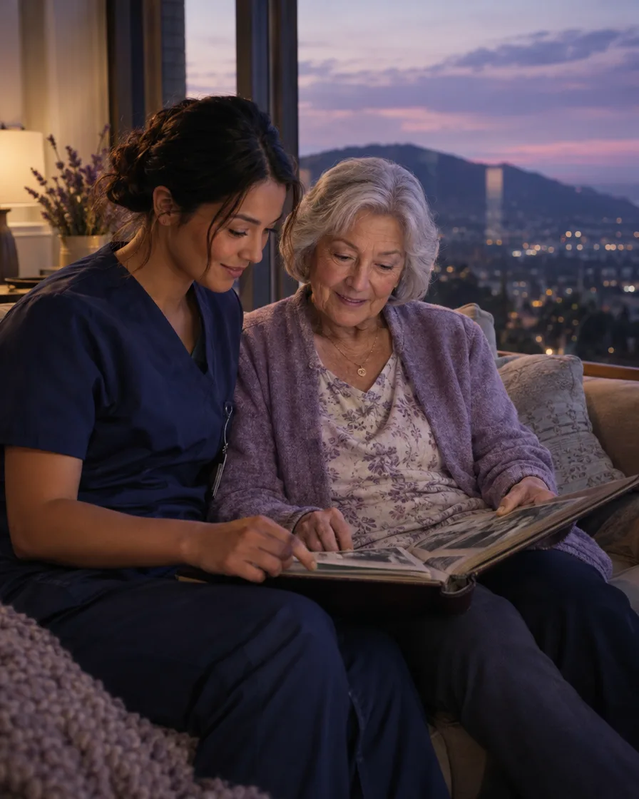 Caregiver and elderly woman looking at photo albums by a window at dusk