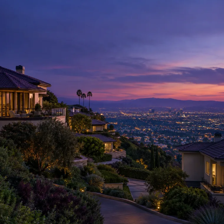 Hillside homes overlooking city lights at twilight