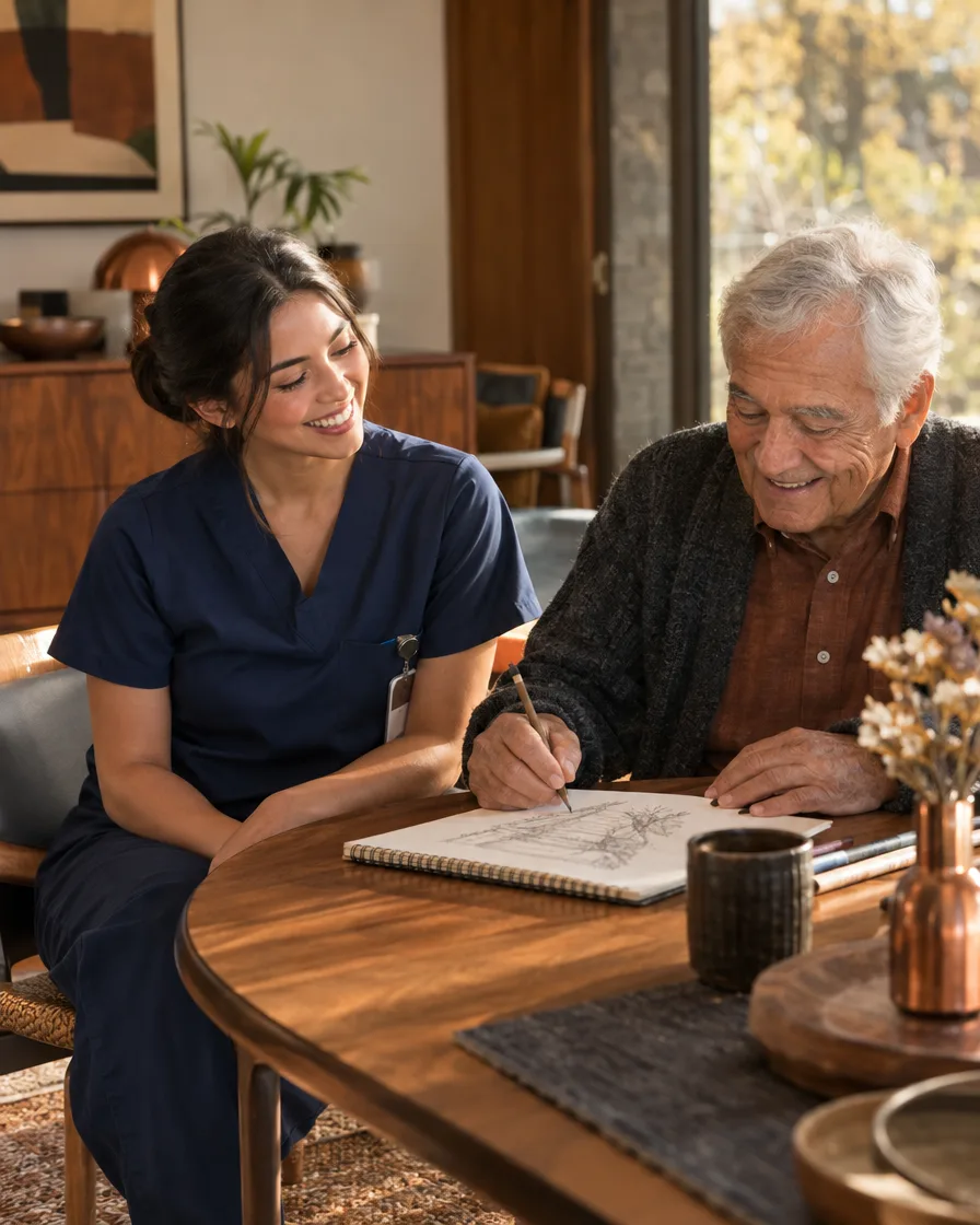 Caregiver and elderly man sketching together at a sunny dining table
