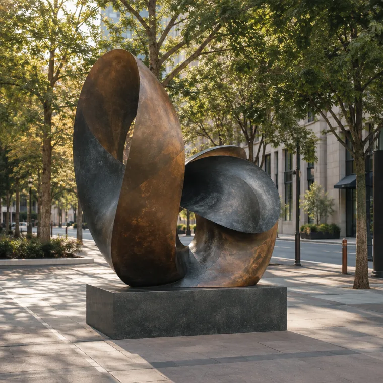 Bronze sculpture in a sunny public plaza with trees
