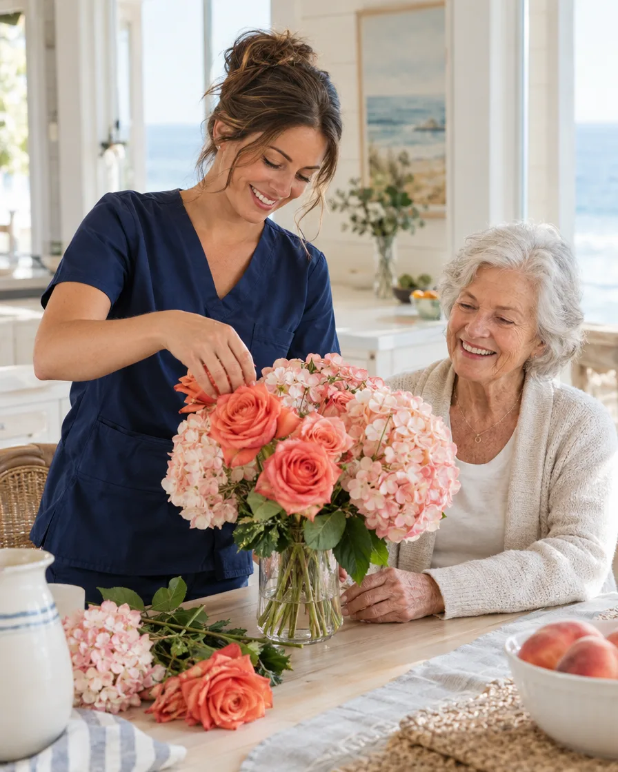 Caregiver arranging fresh flowers with an elderly woman in a bright cottage kitchen