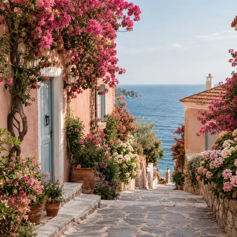 Cottage street with blooming flowers leading toward the ocean