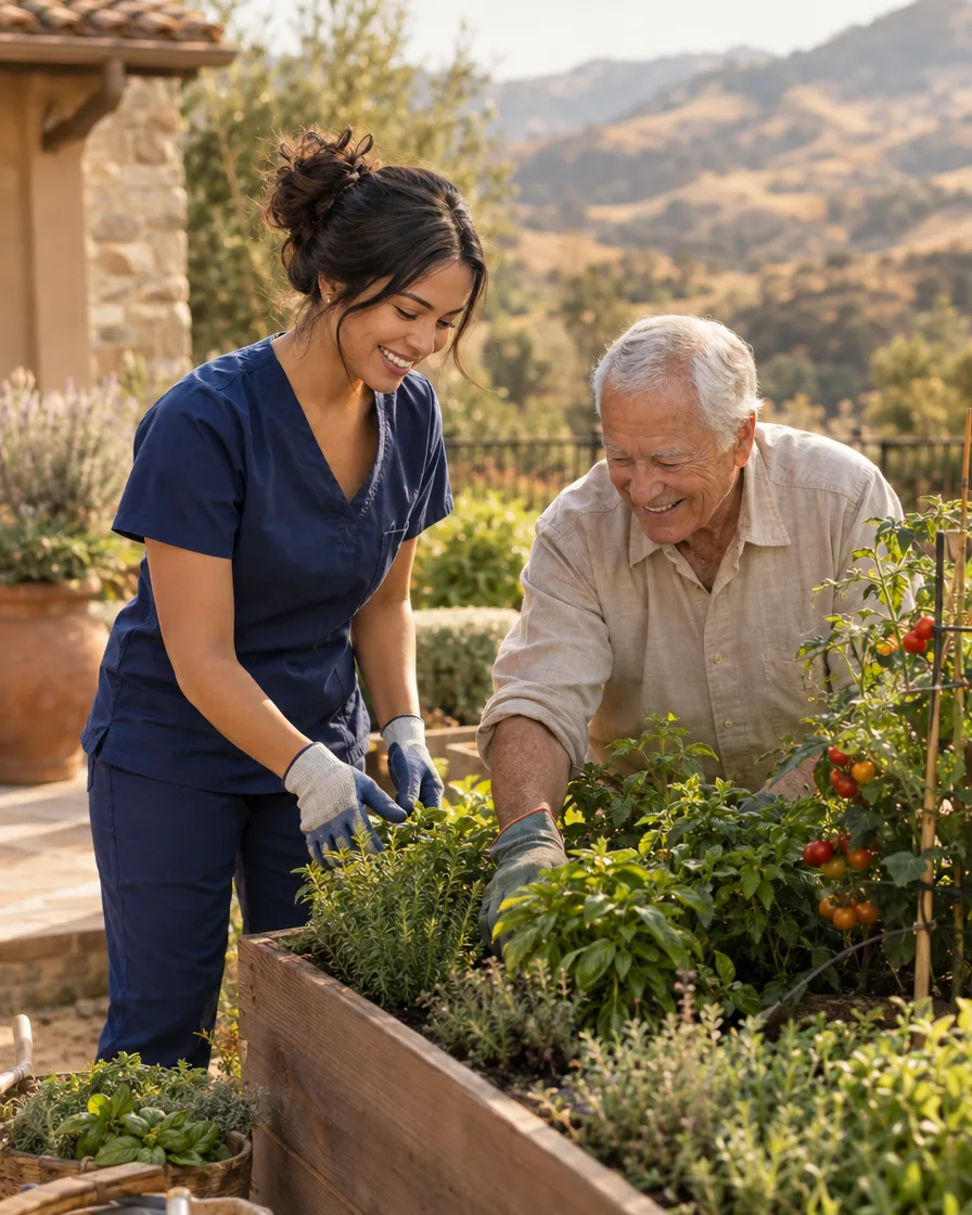 Caregiver helping an elderly man tend a backyard garden with hills beyond