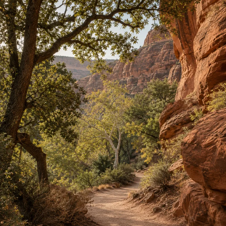 Red sandstone canyon walls and trail in the Orange County foothills