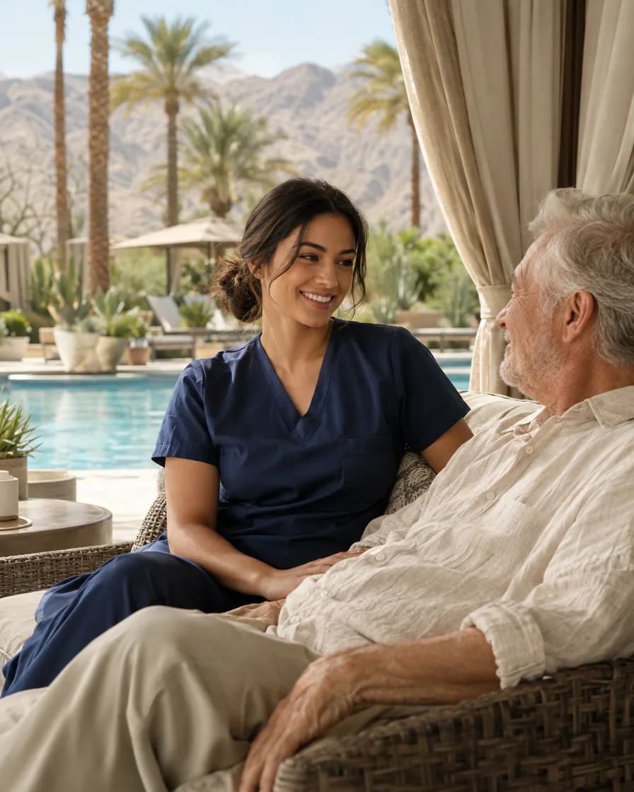 Caregiver and elderly man sitting poolside with desert mountains beyond