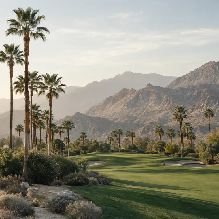 Palm trees and a green fairway against desert mountains