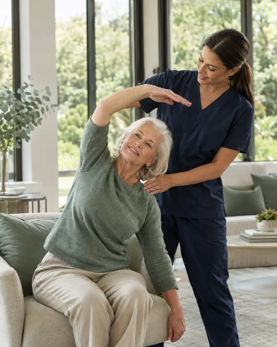 Caregiver doing gentle stretches with an elderly woman in a bright modern living room